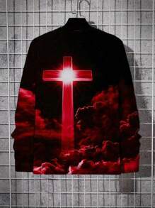 Maglietta a maniche lunghe da uomo con stampa 3D a forma di croce e nuvole, scollo rotondo, adatta per primavera e autunno, regalo speciale per uomini