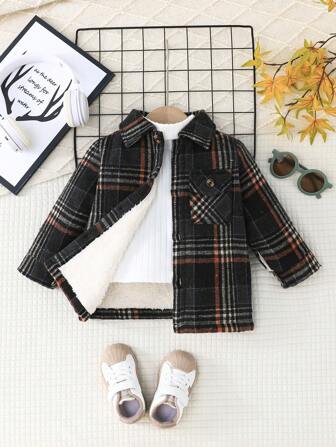 男宝宝长袖立领纽扣式加厚羊毛保暖休闲户外夹克，秋冬