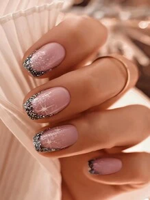 24pcs Short Square Glitter, Snowflakes Design French Tip Press On Nails Short Perfect Fit Acrylic False Nails Set, Including 1pc Jelly Glue And 1pc Nail File, Christmas Nails For Christmas Nails For Woman & Girl Daily Wear Rave Party Use - Multicolor - View 1