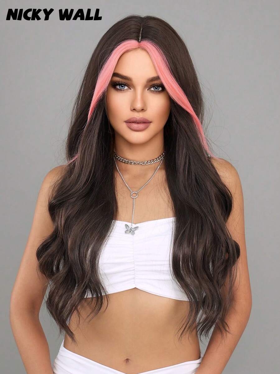 挑染粉色假发混合长波浪卷发栗棕色假发，带窗帘刘海，蓬松自然高密度假发，合成耐热纤维假发，适合女性和女孩日常派对使用 28 英寸/69 厘米（1 个假发帽） - 挑染粉色 - 查看 1