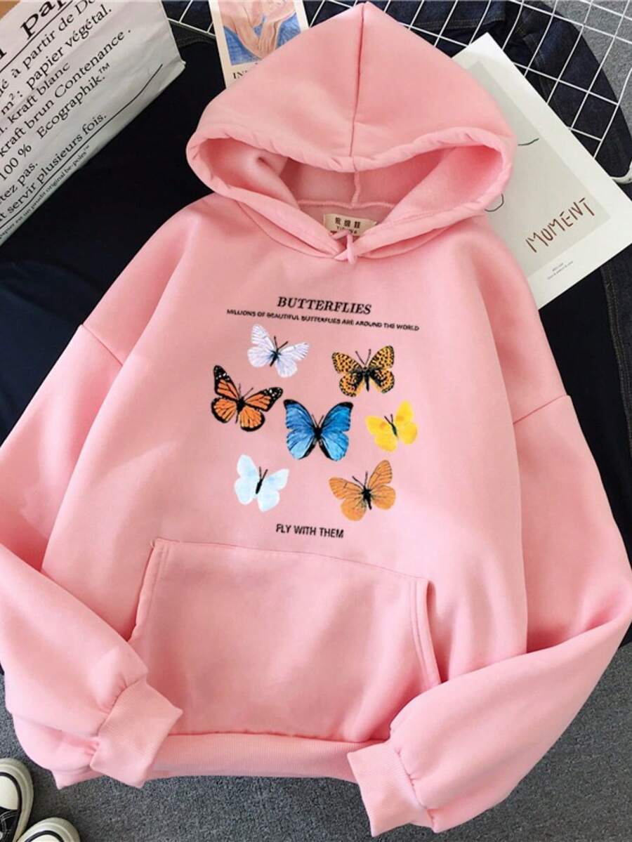 Women's Kangaroo Sweatshirt With Butterfly Print - 淺粉色 - 查看 1