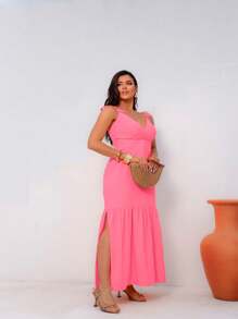 Women's Long Dress With Side Slit, Crossed Neckline And Thin Straps, Viscolinho - Hồng - Xem 3