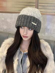 1 Stück Damen warmer gestrickter Beanie Hut, Patchwork Farben, dicker Ohrenschutz, winddicht, Lässig, elegant, Vintage Street Style, oversized, geeignet für Outdoor, Skifahren, Radfahren, Reisen, Partys, tägliche Nutzung im Herbst/Winter - Verschiedenfarbig - Übersicht 3