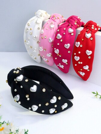 1 st. Hjärta i konstpärlor, avslappnat polyestertyg, knutet hårband, enfärgat hårband, hårbåge