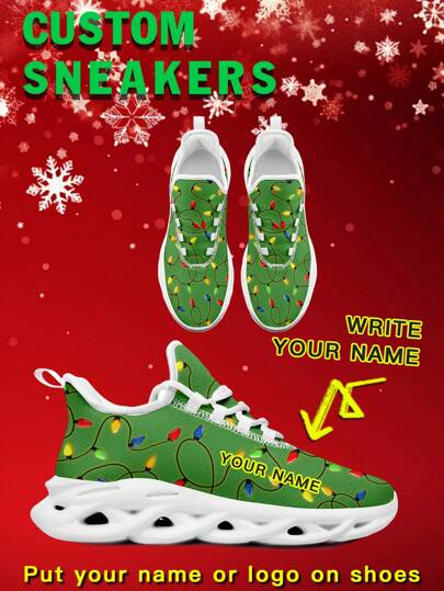 Men's Christmas Custom Logo Custom Name Sneakers, Christmas Colored Lights Designed Name Customization Lightweight Comfortable Soft Bottom Sneakers For Men, Gym Training Breathable Tennis Shoes Christmas Gift For Mom/Dad/Her/Him/Girlfriend/Boyfriend/Wife/Husband/Friend ﻿