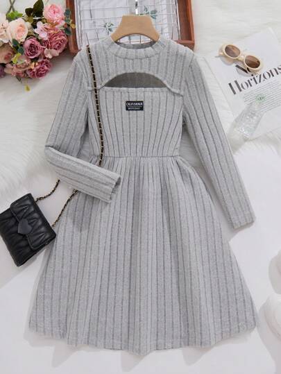 Rochie evazată pentru fete, cu mânecă lungă, cu gât roșu, cu textura cu nervuri, cu talie scobită, ținută ocazională de zi cu zi, stil pentru navetiști