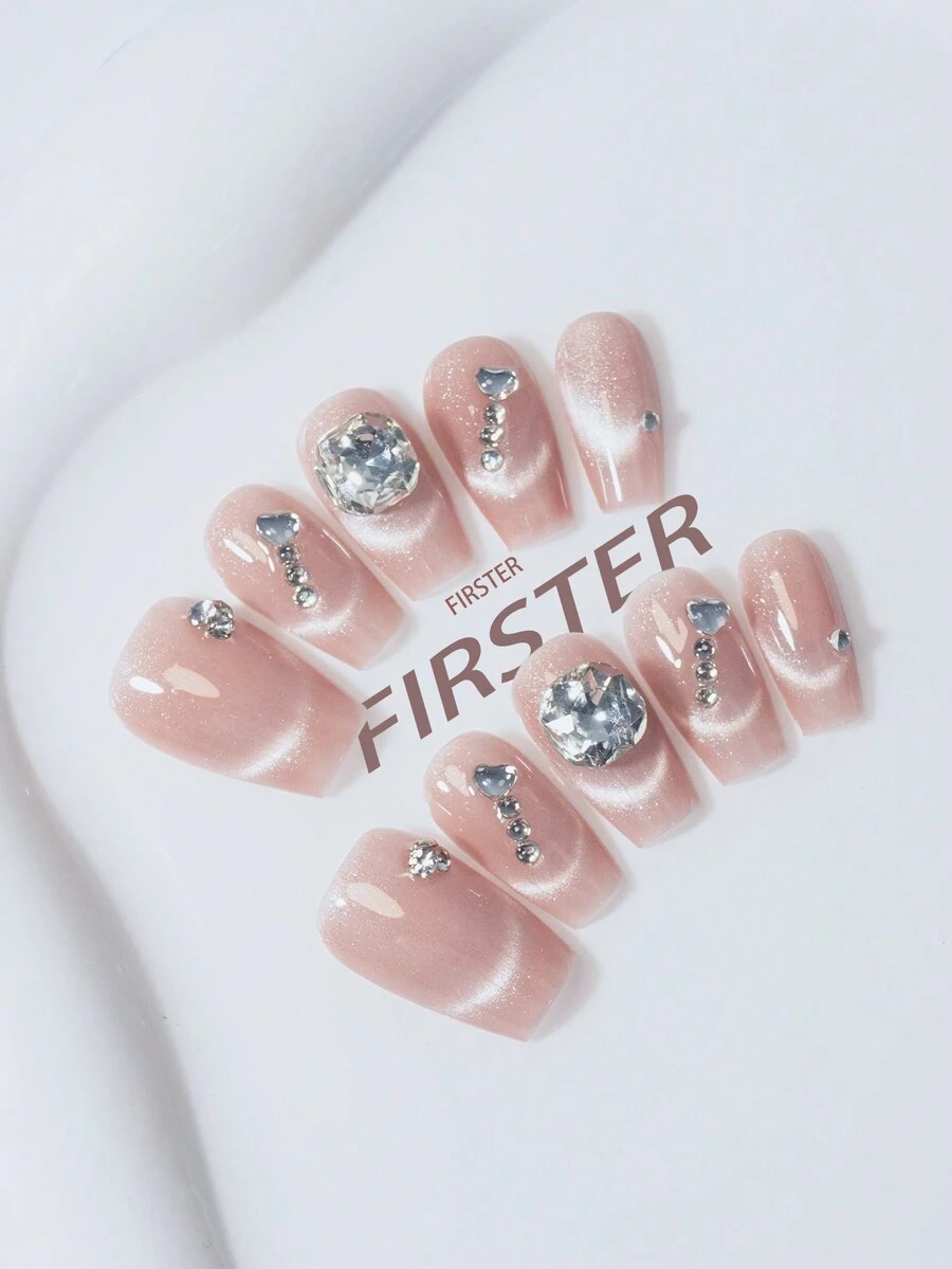 10pcs Handmade Short Trapezoidal Nail, Cat Eye Nail With 3D Rhinestone Decor, Adhesive Full Cover False Nail Tips For DIY Home Manicure, Suitable For Travel, Party, Dating, Office Wear, Reusable - Multicolor - View 1
