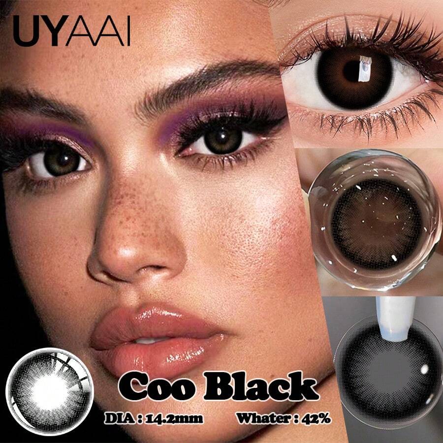 UYAAI 1副彩色一次性隐形眼镜，可佩戴1年，时尚美瞳，酷女孩系列，派对风格 - 黑色 - 查看 1