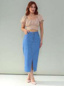 Midi Denim Skirt - 淺色水洗藍 - 查看 1