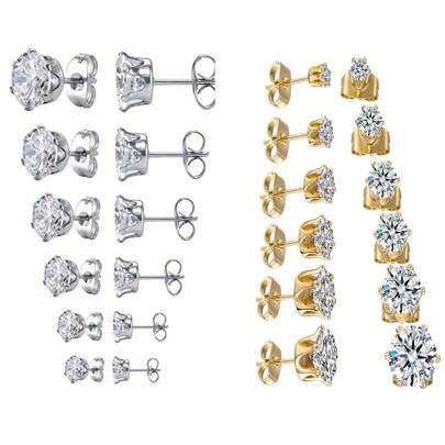 6 Pairs/Set Hypoallergenic Stainless Steel 5A CZ Stone Earrings Stud Set For Women, Women Men Earrings Set Perfect For Daily Festivals Vacations Wear And Valentine's Day, Mother's Day, Graduation Season, Christmas Gift |3mm 4mm 5mm 6mm 7mm 8mm