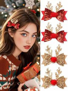 2pcs Christmas Bow Hair Clips, Antler Duck Clip, Bangs Clip, Christmas Decor Hairpins, Cartoon Christmas Tree Decor, Holiday Small Gift, Suitable For Christmas Wear