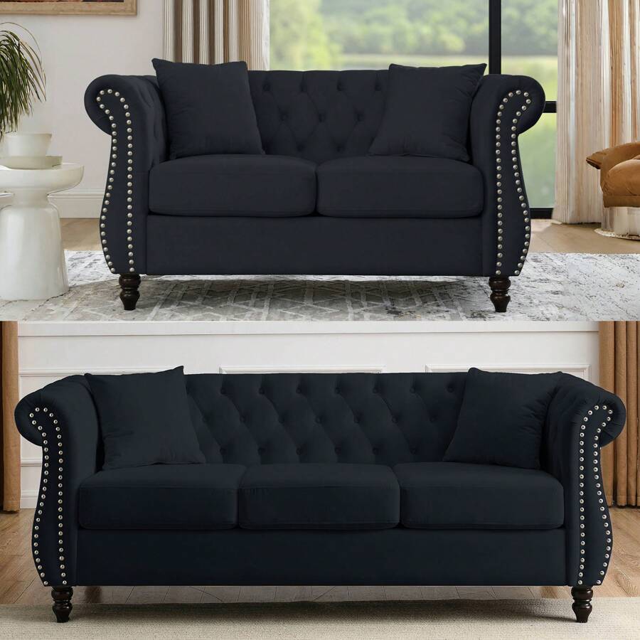 YOGLAD Modern Chesterfield Velvet Sofa, 2-Seater Sofa And 3-Seater Sofa With Curved Backrest Rolled Arm, Upholstered Tufted Backrests With Nailhead Arms And 2 Cushions For Living Room, Bedroom, Apartment, Office - 黑色 - 查看 1