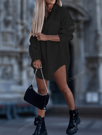 Blusa de manga larga con botones, bajo curvo, de unicolor para mujeres