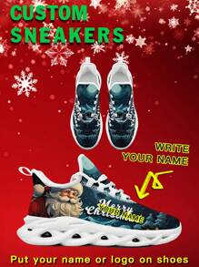 Men's Christmas Custom Logo Custom Name Sneakers, Santa Claus Designed Name Customization Lightweight Comfortable Soft Bottom Sneakers For Men, Gym Training Breathable Tennis Shoes Christmas Gift For Mom/Dad/Her/Him/Girlfriend/Boyfriend/Wife/Husband/Friend ﻿
