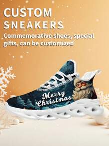 Men's Christmas Custom Logo Custom Name Sneakers, Santa Claus Designed Name Customization Lightweight Comfortable Soft Bottom Sneakers For Men, Gym Training Breathable Tennis Shoes Christmas Gift For Mom/Dad/Her/Him/Girlfriend/Boyfriend/Wife/Husband/Friend ﻿
