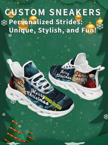 Men's Christmas Custom Logo Custom Name Sneakers, Santa Claus Designed Name Customization Lightweight Comfortable Soft Bottom Sneakers For Men, Gym Training Breathable Tennis Shoes Christmas Gift For Mom/Dad/Her/Him/Girlfriend/Boyfriend/Wife/Husband/Friend ﻿