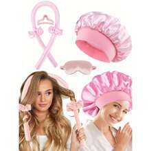 6pcs Set Includes: No Heat Hair Curler, Satin Sleep Cap, No Heat Hair Band, Hair Claw Clips, Hair Rings,Sleep Eye Mask,Soft Sleep Cap, Comfortable Hair Waver, Flexible Styling Tools For Wavy & Curly Hairstyles, Ideal Gift For Mom Or Girlfriend ,Heatless Hair Curler ,Hair Styling Tools Hair Accessories - Pink - View 12