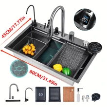 Black Kitchen Sink - Embedded Workstation, 304 Stainless Steel Waterfall Sink, Nano Coating, Perfect Integration Of Aesthetic Experience, Durability, And Versatility - 31.49''*17.5''*8'' - View 2