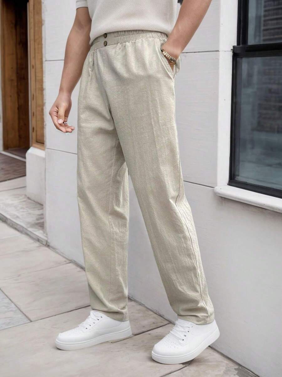 tooluck Men's Solid Color Cotton And Linen Loose Straight Pants Elastic Waistband Casual Pants With Pockets - Màu be - Xem 1