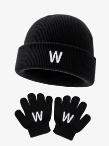 2 件/套儿童 26 个字母针织帽和手套套装，时尚无檐小便帽，柔软温暖的男孩和女孩冬季配饰，适合圣诞节、感恩节、生日、新年礼物 - 黑色 - 查看 30