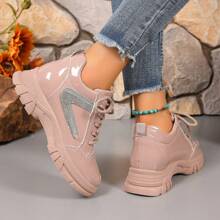 女士厚底运动鞋休闲系带户外鞋，轻便低帮厚底时尚新款防滑休闲鞋，踝靴 - 棕色 - 查看 4