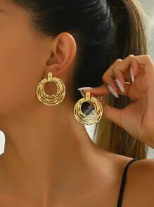 1pair Fashionable Stainless Steel 3-Hoop Circle Stud Earrings, Chic Personalized Vintage Style Party Earrings Accessory For Women - Yellow Gold - View 11