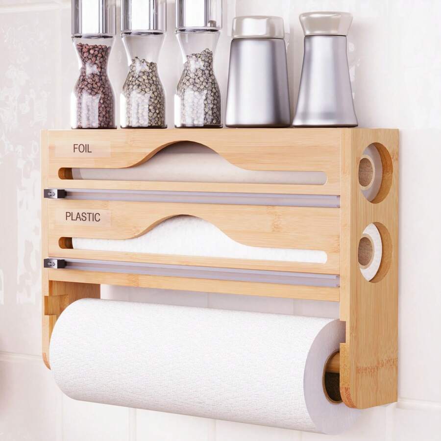 1 Stück Bambus Frischhaltefolien Spender, Bambus Küchenorganizer, Alu-Folie und Frischhaltefolie Aufbewahrungsbox, geeignet für die Küche