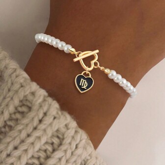 1pc Vintage Simple Fashion Black Dripping Oil Zodiac Faux Pearl Beaded Heart Toggle Clasps Bracelet For Women