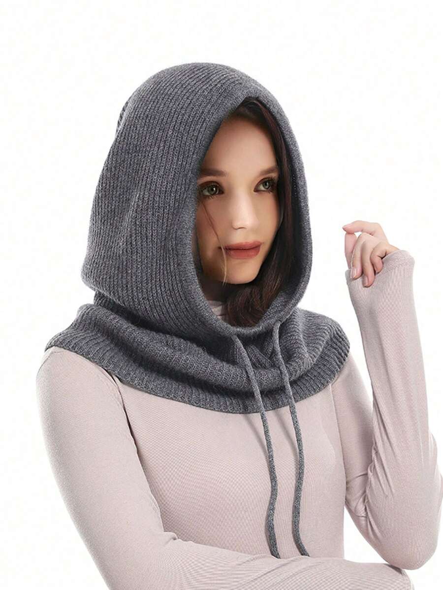 1pc Cozy Knit Hooded Scarf With Ear Flaps - Stretchy, Drawstring Closure, Unisex Winter Hat