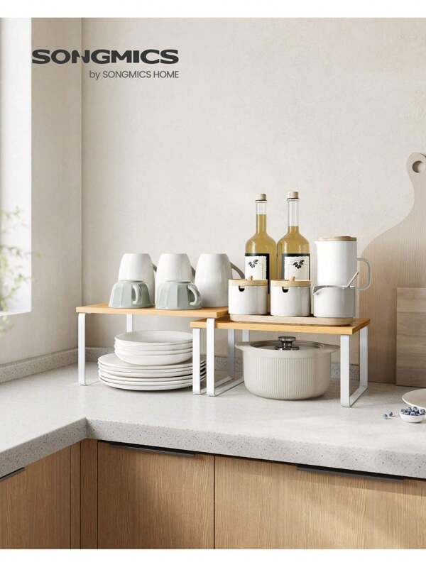 SONGMICS Scaffale Portaspezie, Set di 2 Organizzatori da Cucina Espandibili, Scaffale da Cucina Impilabile, Metallo e Legno Ingegnerizzato, Bianco Nuvola e Beige Naturale/Nero Inchiostro e Beige Naturale, Ritorno a Scuola