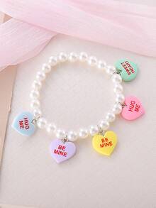 1pc Vintage Valentine's Day "Hug Me Be Mine Sweet Heart" Heart Pendant Faux Pearl Beaded Adjustable Bracelet, Women Gift, Valentine's Day Accessory - Multicolor - View 2
