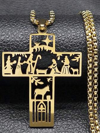 Jesus Cross The Baptism Of Christianity Necklace For Men Stainless Steel Gold Color Religious Pendant Jewlery