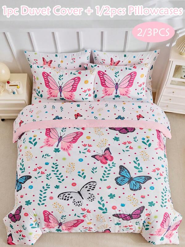 Conjunto de cama infantil com estampa digital e padrão de borboletas coloridas, 2/3 peças, estilo moderno minimalista, capa de edredom e fronha para crianças e meninas, aplicável para todas as estações (1/2 fronha + 1 capa de edredom)
