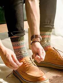 5 双儿童/青少年男孩复古日式工装风格中筒袜，印花，时尚欧美风格，秋冬 - 彩色 - 查看 6