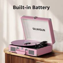 SILWISUN Vinyl Record Player 3 Speed Turntable With Bluetooth, Built In Battery, Portable Suitcase, Built In Speakers,Type-C Port 3.5mm Headphone Jack Aux In/RCA Out Pink For Home Decoration Gift Pink Green Black Brown - 粉紅銀 - 查看 8