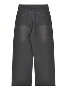 女士休闲直筒高腰宽松阔腿牛仔裤 - 黑色 - 查看 4