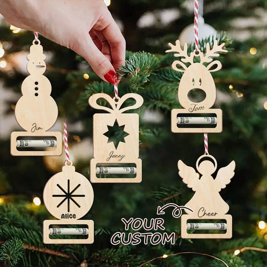 Nueva decoración navideña, colgante de regalo en efectivo, Papá Noel, corzo, cartera de madera, ornamento adorable titular de dinero