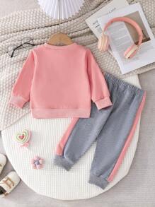 2pcs Baby Girls Casual Cute Lightweight Letter Print Crew Neck Long Sleeve Sweatshirt And Contrast Color Block Pants Set, Spring And Autumn - Pink - View 7