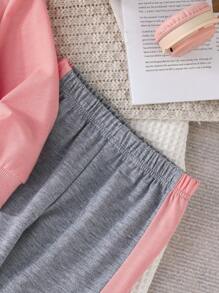 2pcs Baby Girls Casual Cute Lightweight Letter Print Crew Neck Long Sleeve Sweatshirt And Contrast Color Block Pants Set, Spring And Autumn - Pink - View 6