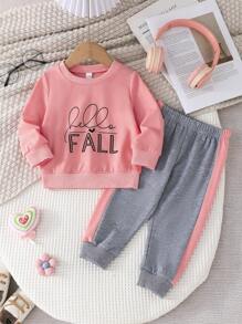 2pcs Baby Girls Casual Cute Lightweight Letter Print Crew Neck Long Sleeve Sweatshirt And Contrast Color Block Pants Set, Spring And Autumn - Pink - View 1