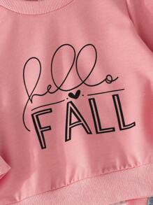 2pcs Baby Girls Casual Cute Lightweight Letter Print Crew Neck Long Sleeve Sweatshirt And Contrast Color Block Pants Set, Spring And Autumn - Pink - View 3