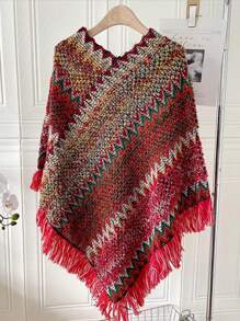 1pc Herringbone Tassel Shawl, Shawl Cape, Fashion Versatile Travel Poncho, Warm Scarf Wrap - Herringbone Fringed Shawl - View 14