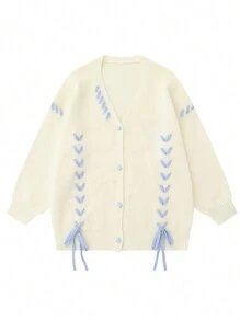 Áo khoác cardigan rộng màu trắng có dây vá màu xanh - trắng - Xem 3