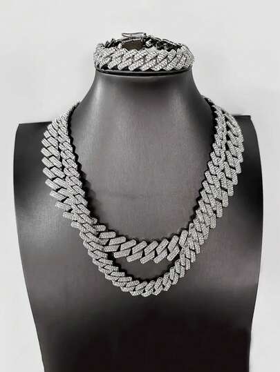 kuuioe 3 PiecesHip Hop Jewelry Set - Rhinestone Inlaid Zinc Alloy Thick Cuban Chain Bracelet + Necklace, Unisex Party Style Accessories, Non-Plated Fashion Jewelry Set, Visual Impact For Stacking, Suitable For Music Festivals And Daily Wear