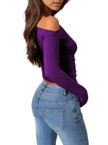 1pc Women's Asymmetric Neckline Sexy Top, Pleated Short Long Sleeve Slim Fit T-Shirt, Suitable For Dating - 紫色 - 查看 2