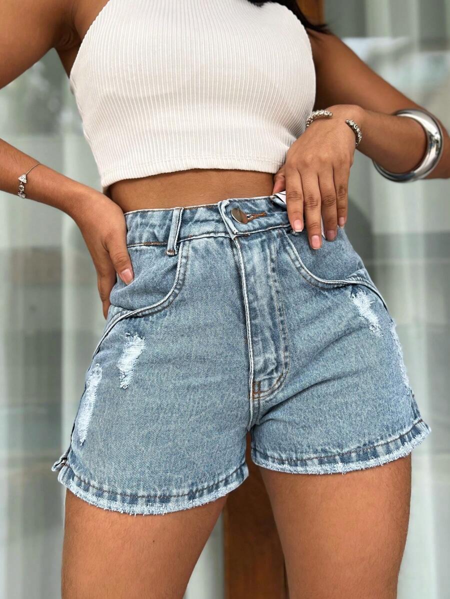 SJD MODA LADY Ripped Denim Shorts Youth Bags New Fashion - 深色水洗藍 - 查看 1
