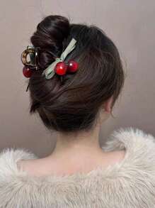 1 pieza Nuevo Clip de Cabello con Lazo de Cereza Marrón, Diseño Elegante y Dulce, Adecuado para Niñas y Mujeres para Fiestas, Ir al Trabajo, Vacaciones, Accesorios de Cabello de Otoño e Invierno para Mujeres