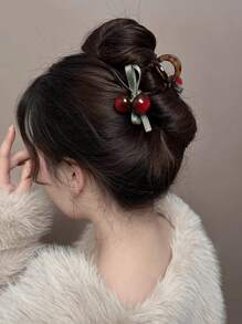 1 pieza Nuevo Clip de Cabello con Lazo de Cereza Marrón, Diseño Elegante y Dulce, Adecuado para Niñas y Mujeres para Fiestas, Ir al Trabajo, Vacaciones, Accesorios de Cabello de Otoño e Invierno para Mujeres