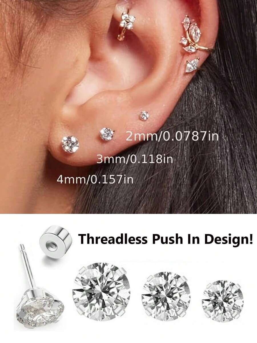 升级版无螺纹平背耳钉，闪亮 CZ 银色不锈钢耳钉，适用于耳屏软骨穿孔，推入式无螺丝推入式精致耳环，适合女士 - 銀色 - 查看 1