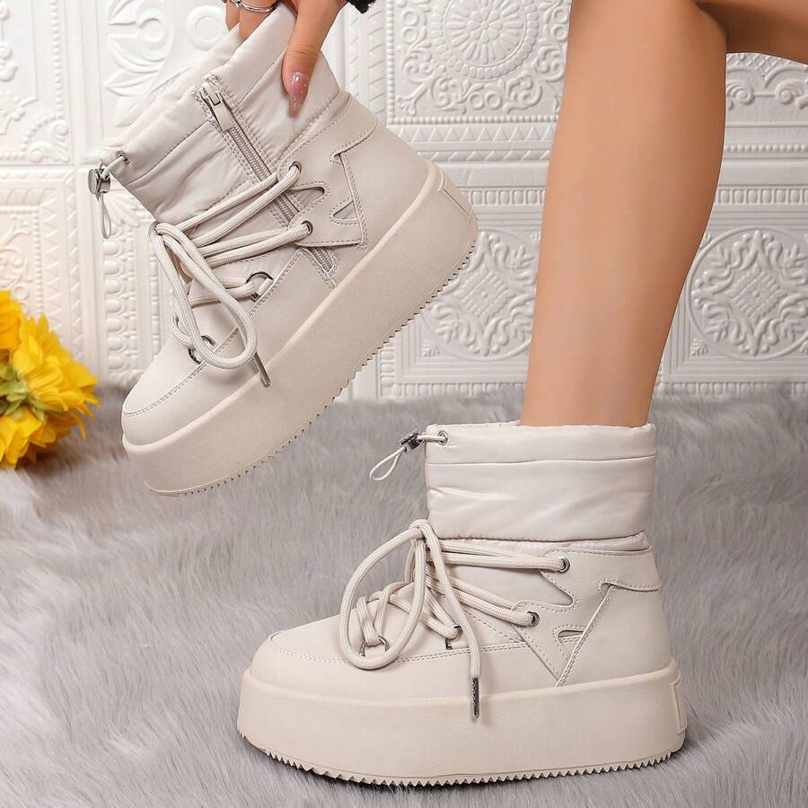 2024 新款时尚女式休闲保暖厚底雪地靴 - 米色 - 查看 1